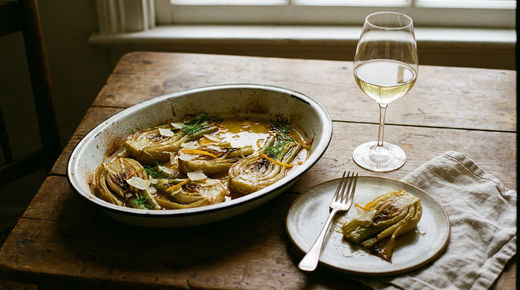 Fenouils braisés fondants et caramélisés dans un plat en émail, zestes d'orange et copeaux de parmesan, une part servie, table de bois, verre de vin blanc