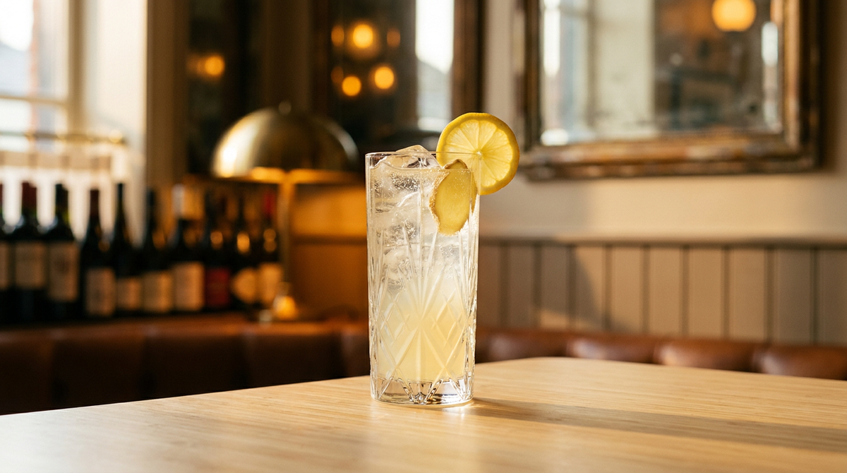 Mocktail yuzu gingembre dans un grand verre, rondelle d'agrume et gingembre frais, comptoir de bambou clair