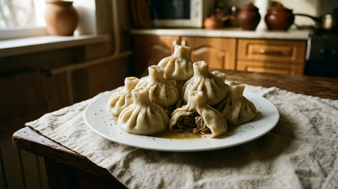 Assiette de khinkali géorgiens plissés au poivre noir, l'un ouvert sur la farce et son bouillon
