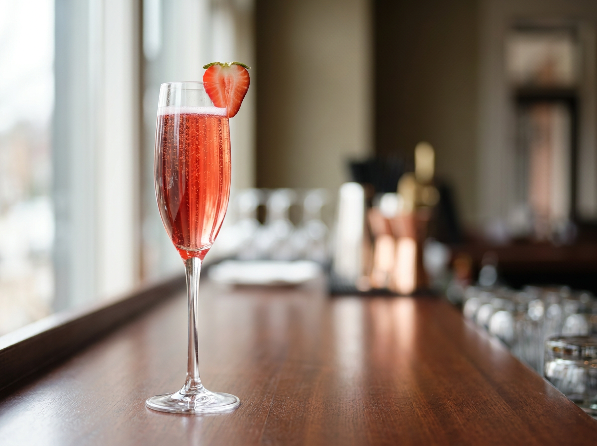 Rossini : flûte de prosecco à la purée de fraises fraîches, rose et perlant