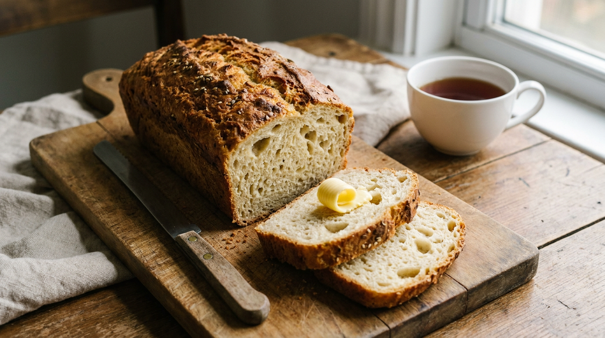 Pain sans gluten maison en moule, croûte dorée craquelée, tranches épaisses à la mie aérée, beurre, planche de bois, tasse de thé