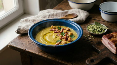 Purée de pois cassés dans une assiette creuse bleue, velouté jaune-vert épais et lisse, filet d'huile, lardons et croûtons dessus, bol de pois cassés secs, laurier et lard fumé