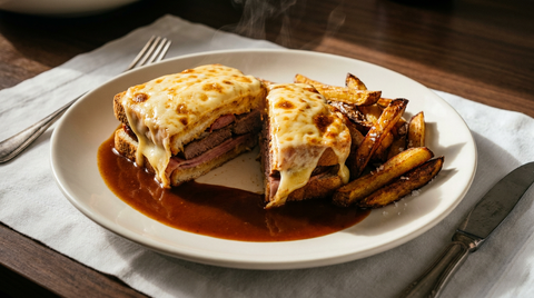 Francesinha de Porto coupée, sandwich sous un fromage fondu doré baignant dans une sauce brune brillante, frites maison