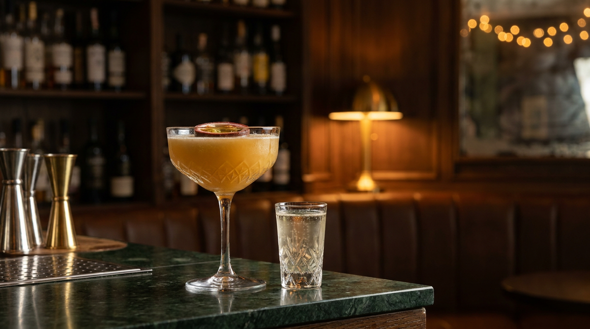 Pornstar mocktail dans une coupe avec son petit verre à côté, demi fruit de la passion, onyx vert foncé