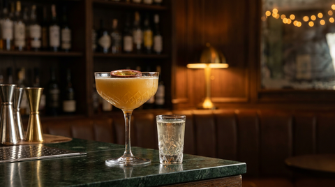 Pornstar mocktail dans une coupe avec son petit verre à côté, demi fruit de la passion, onyx vert foncé