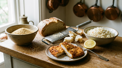 Chapelure fine dorée et panko en flocons blancs dans deux bols en grès, demi-miche de pain rassis, râpe à plat, escalope panée au panko coupée en deux montrant la croûte dorée, demi-citron, fourchette à plat, plan de travail en bois