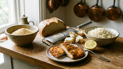 Chapelure fine dorée et panko en flocons blancs dans deux bols en grès, demi-miche de pain rassis, râpe à plat, escalope panée au panko coupée en deux montrant la croûte dorée, demi-citron, fourchette à plat, plan de travail en bois