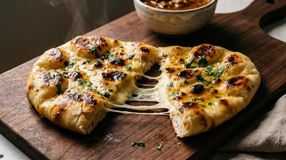 Cheese naan doré sur une planche de bois, pain indien boursouflé et tacheté de brun, déchiré en deux sur un fil de fromage fondu qui s'étire, beurre à l'ail et coriandre en surface, bol de curry derrière, lumière chaude