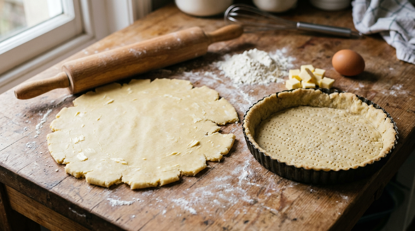 Pâte brisée étalée au rouleau sur un plan de travail fariné, à côté d'un moule à tarte foncé et piqué à la fourchette