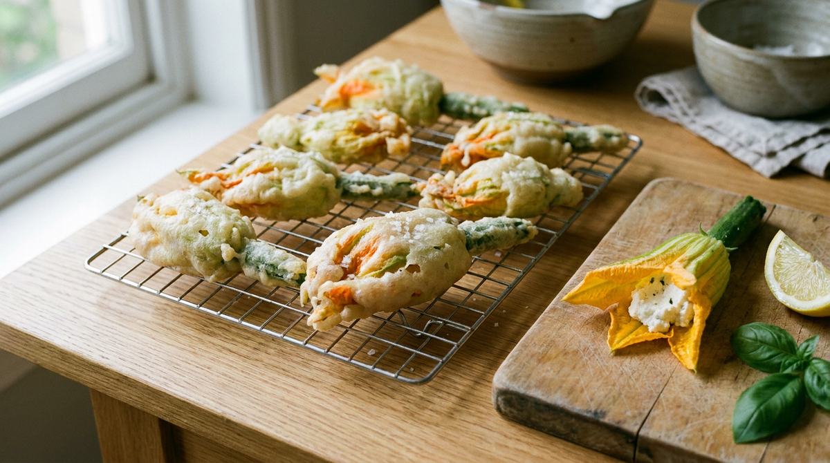 Beignets de fleurs de courgette sur une grille, pâte très pâle boursouflée et craquelée laissant voir le jaune orangé de la fleur, fleur ouverte farcie de ricotta posée à côté, quartier de citron, fleur de sel, table de bois clair