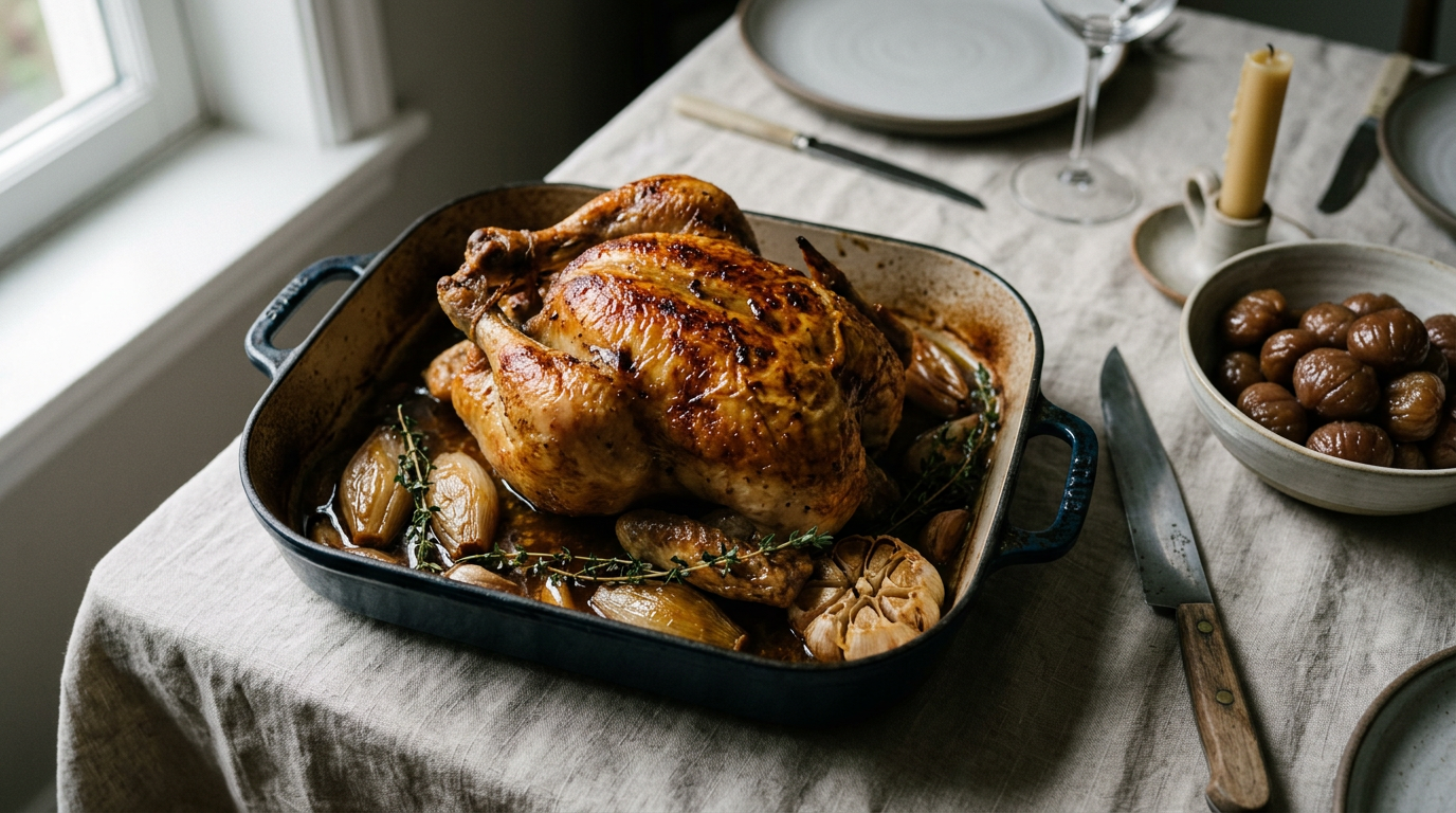 Chapon rôti de Noël à la peau dorée dans un plat en fonte, entouré d'échalotes confites, d'ail en chemise et de thym, avec un bol de châtaignes et un couteau à découper