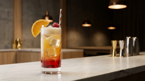 Cocktail sans alcool pour enfants en dégradé rouge et orange dans un verre haut droit, demi-rondelle d'orange, framboise et paille rayée, sur un comptoir de marbre blanc d'un bar à vins moderne