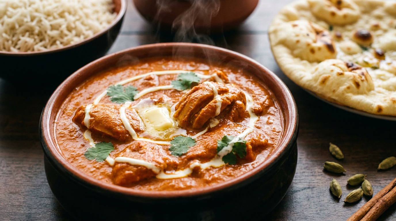 Butter chicken dans un plat en terre cuite, sauce orange profonde et onctueuse, crème en spirale, coriandre, riz basmati et naan