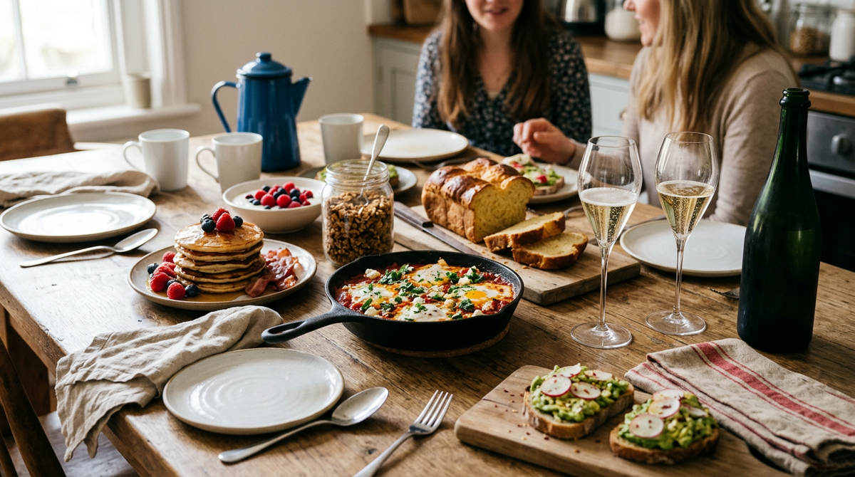Table de brunch dressée : pancakes, shakshuka en poêle, brioche tressée, granola, tartines à l'avocat et deux flûtes de crémant