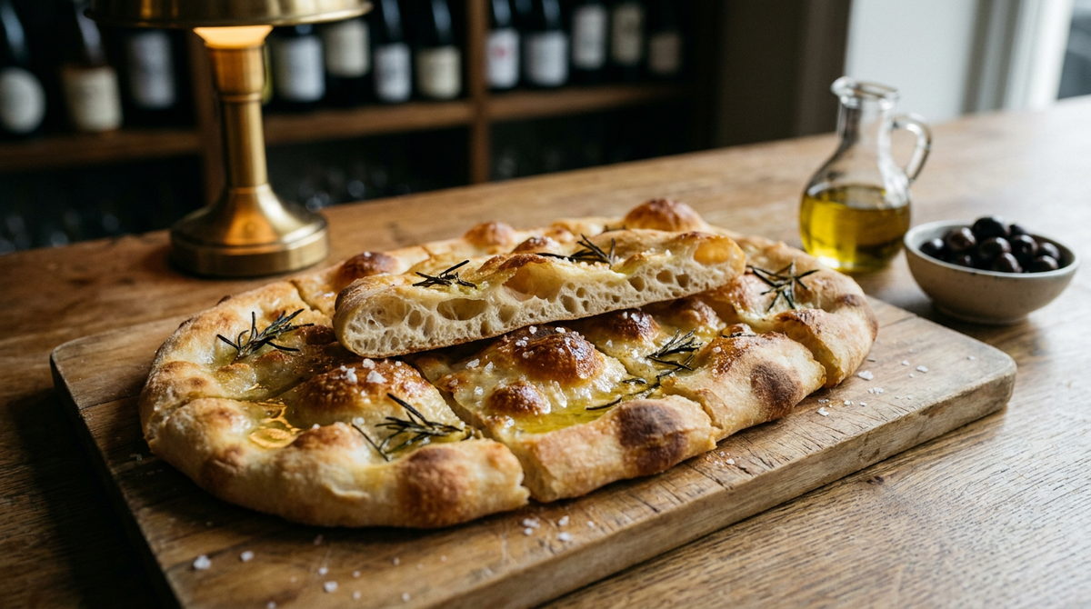 Pinsa bianca ovale dorée et cloquée sur une planche en bois, luisante d'huile d'olive, gros sel et romarin grillé, coupée en bandes, une petite carafe d'huile et un bol d'olives, comptoir de bistrot, lumière rasante