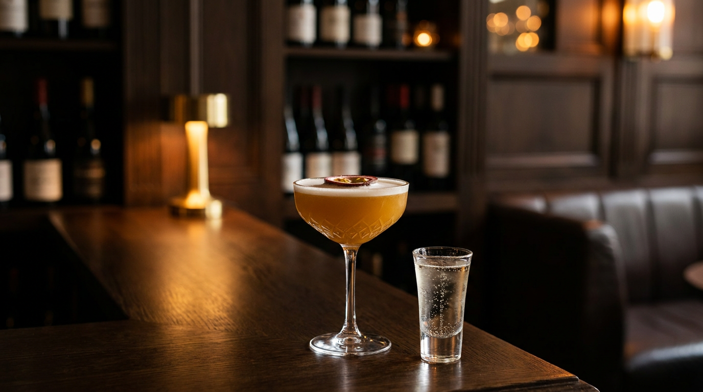 Coupe à cocktail dorée orangée sous une mousse fine, demi-coque de fruit de la passion posée dessus, et petit verre de vin pétillant à côté, au bout d'un comptoir de caviste