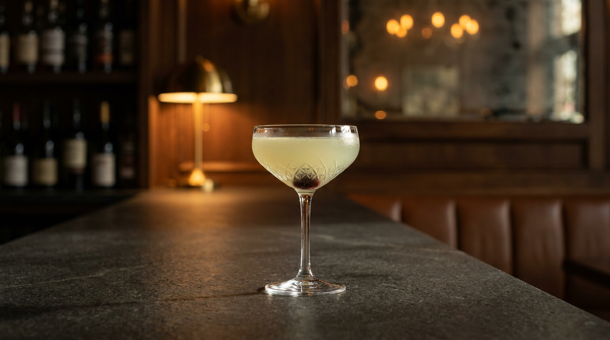 Mezcal Last Word jaune-vert trouble servi en coupe de cristal avec une cerise au fond, sur un comptoir de basalte sombre dans un bar tamisé