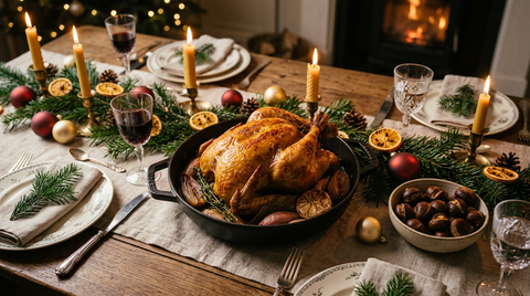 Chapon rôti doré en cocotte au centre d'une table de Noël dressée : bougies allumées, guirlande de sapin et pommes de pin, boules dorées et rouges, oranges aux clous de girofle et bol de châtaignes