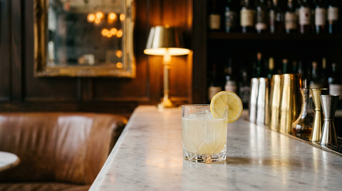 Cocktail Fitzgerald dans un verre bas sur glaçon unique, rondelle de citron, sur un comptoir de bar en marbre blanc