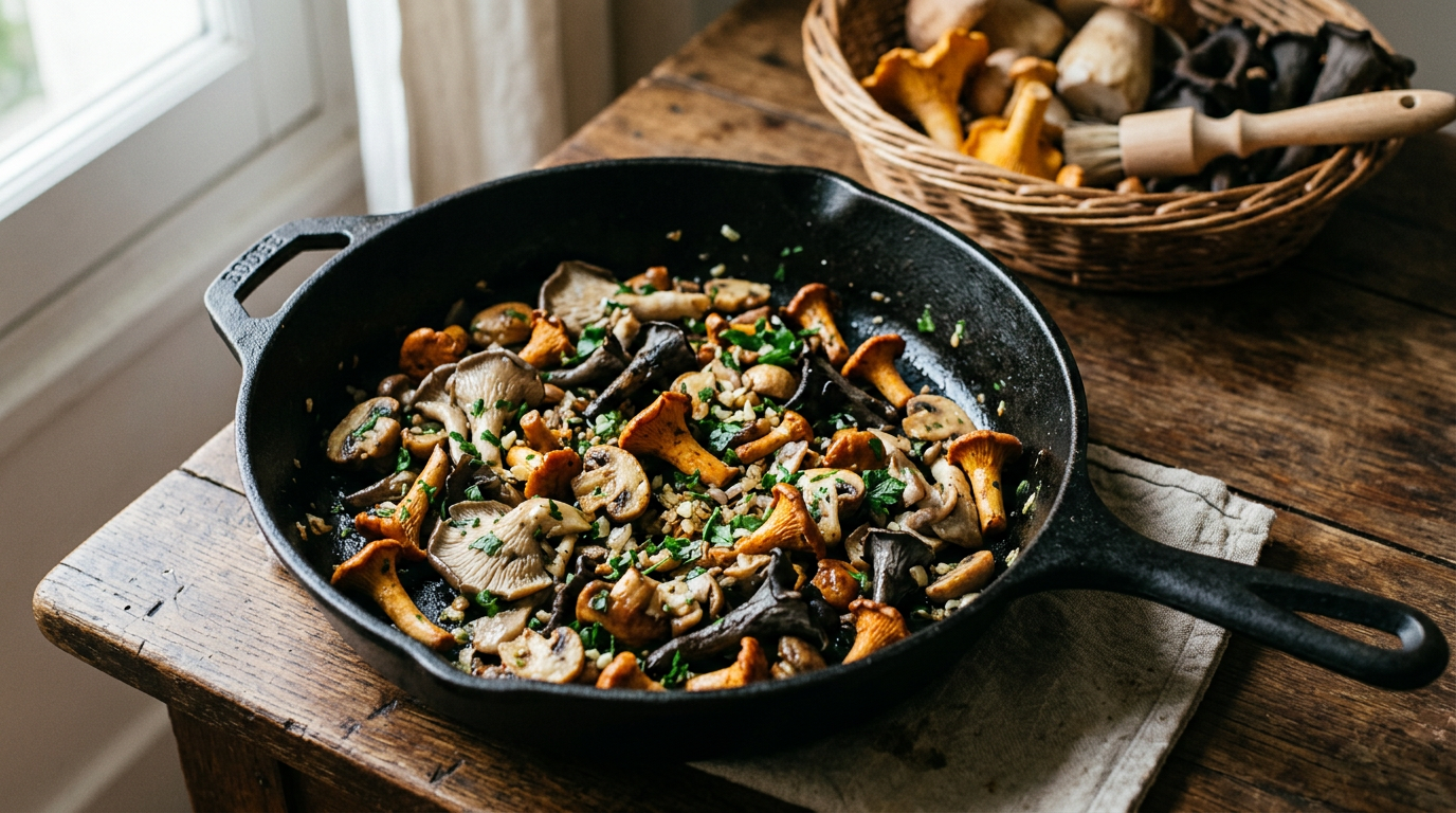 Poêlée forestière dans une poêle en fonte : girolles, pleurotes, champignons de Paris et trompettes bien dorés avec ail et persil, panier de champignons crus et pinceau de nettoyage