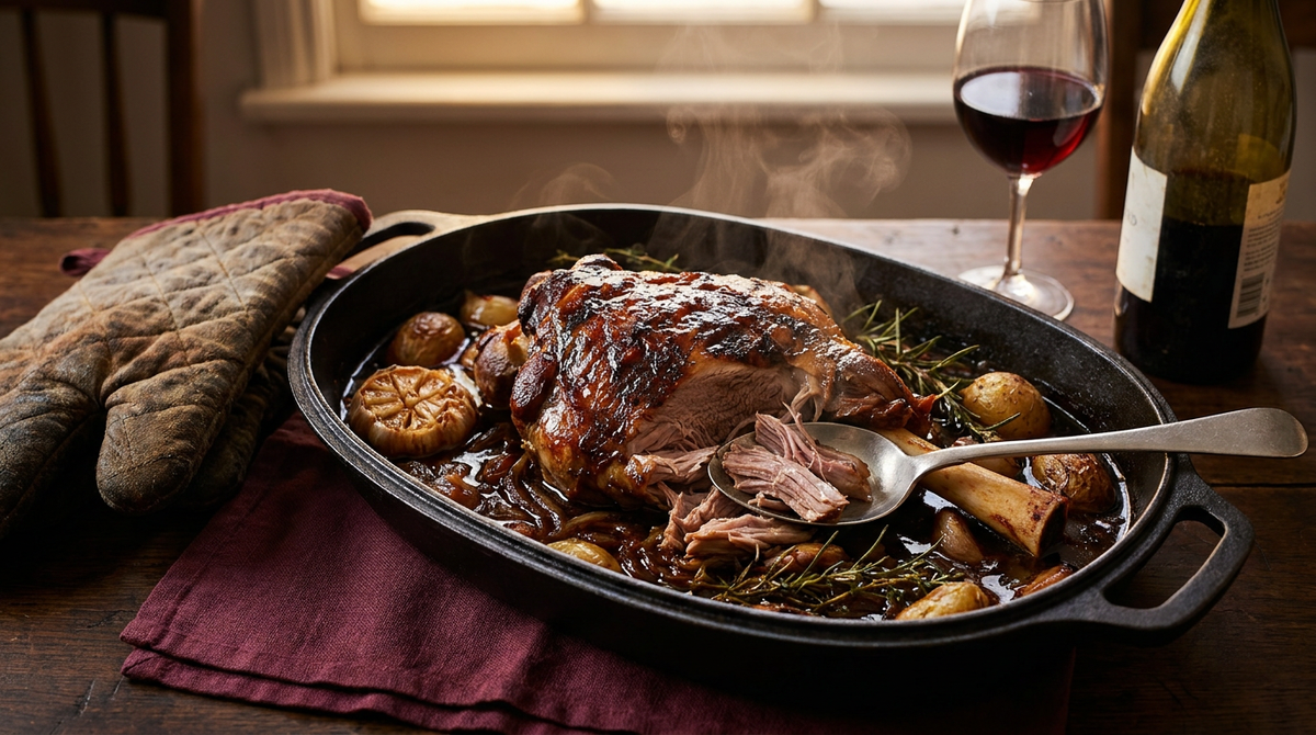 Épaule d'agneau confite sept heures dans un plat en fonte, la cuillère détache la viande, jus brillant, ail confit et romarin