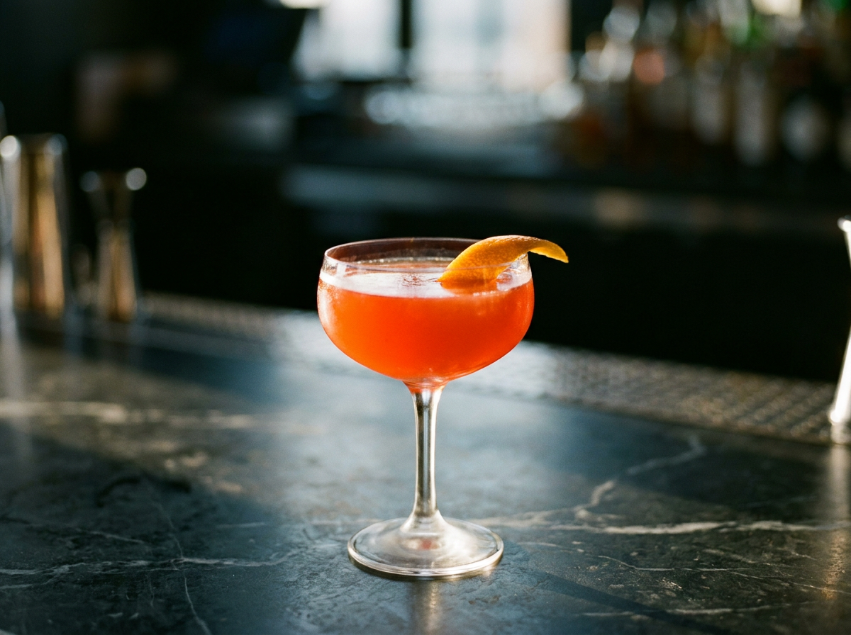 Monkey Gland, cocktail au gin orange-rouge servi en coupe avec un zeste d'orange