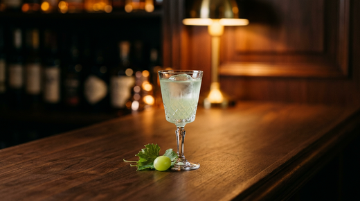 Verre à pied contenant un cocktail vert très pâle presque translucide, une feuille de vigne et un petit grain de raisin vert posés à côté, comptoir de bois ciré sombre