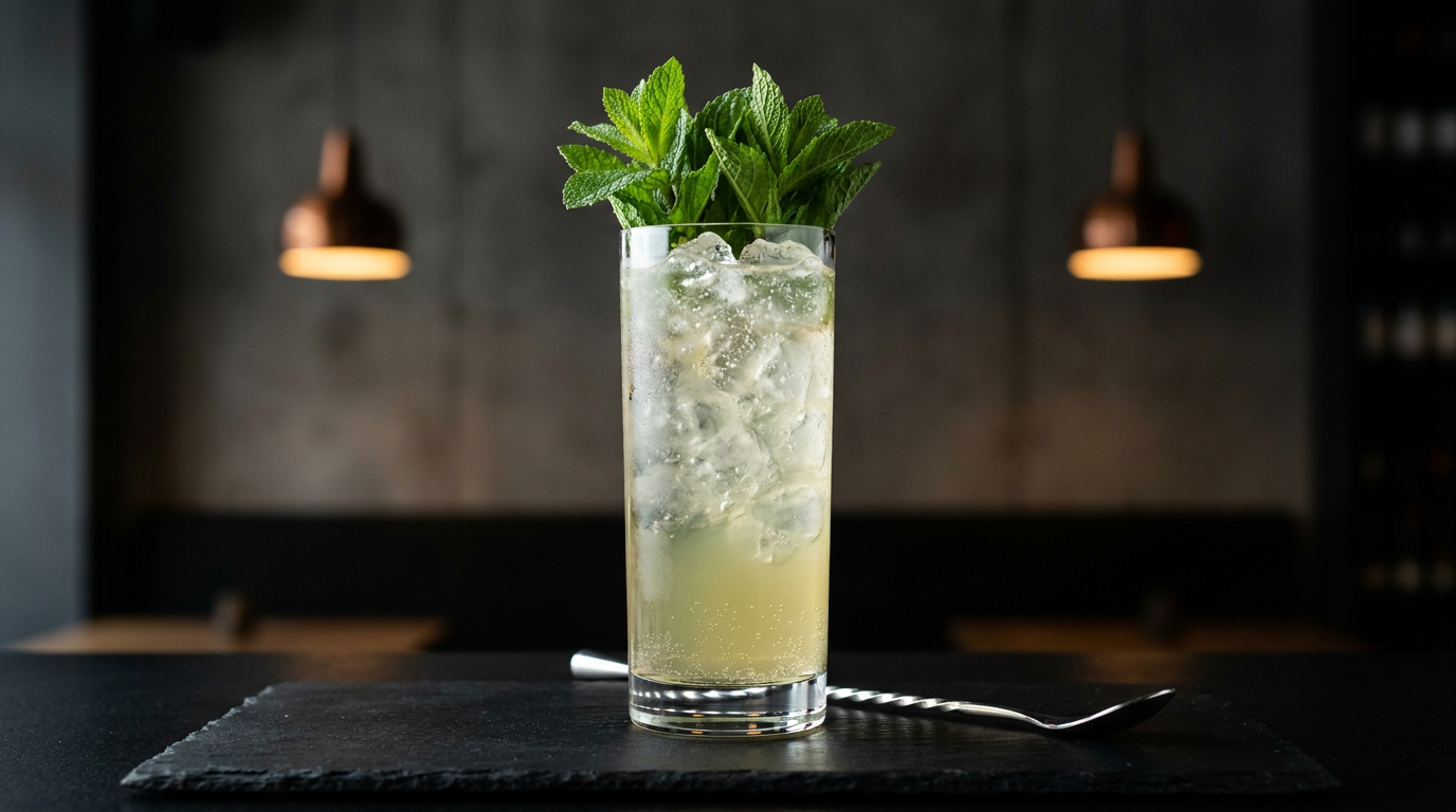 Grand verre de Serendipity, robe pomme pâle, glace pilée et bouquet de menthe, sur une ardoise noire
