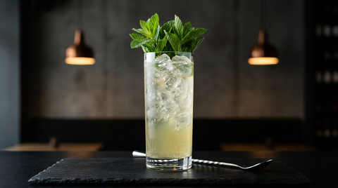 Grand verre de Serendipity, robe pomme pâle, glace pilée et bouquet de menthe, sur une ardoise noire