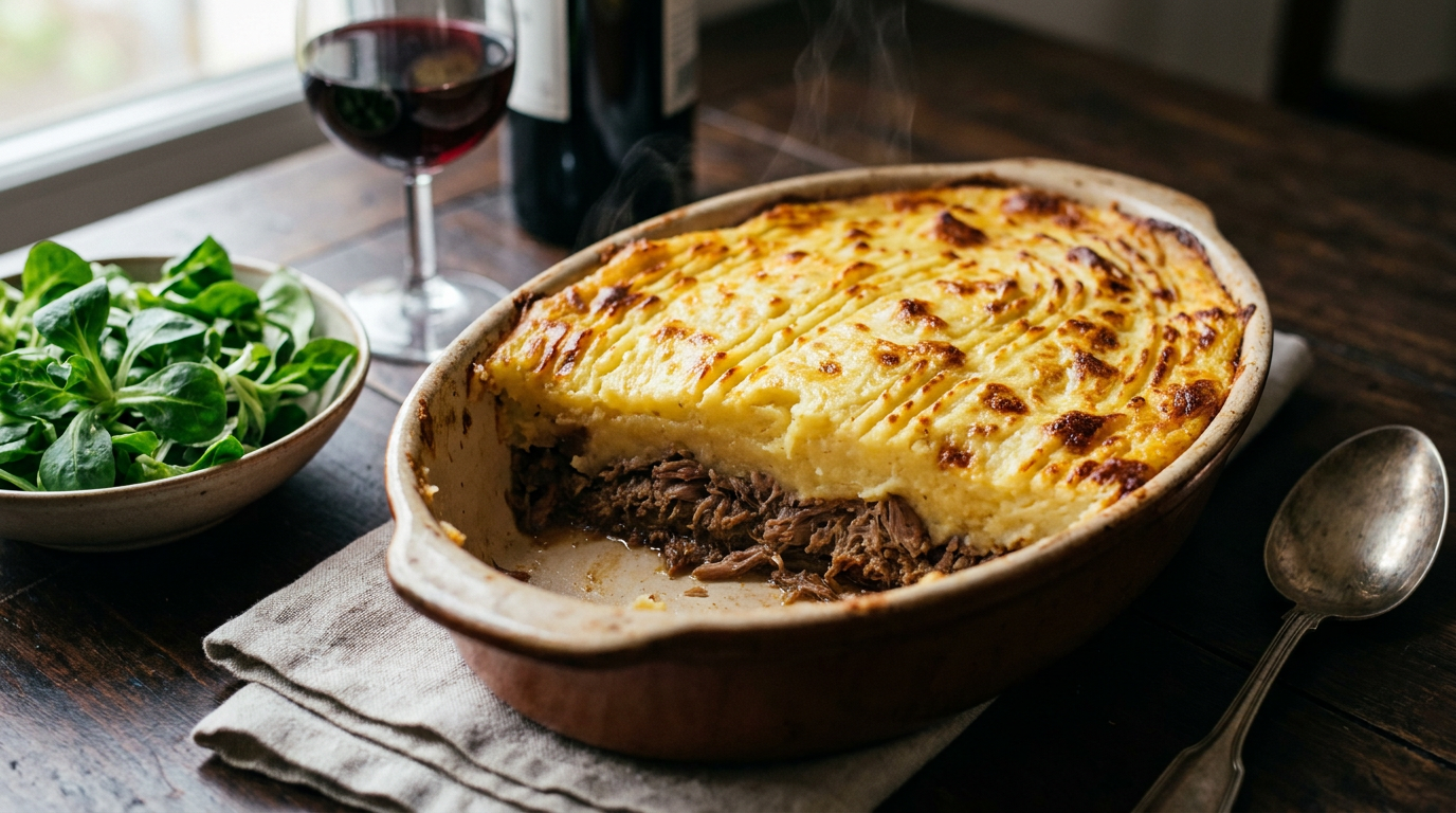 Parmentier de canard confit dans un plat en terre cuite, part servie montrant le confit effiloché et la purée gratinée dorée