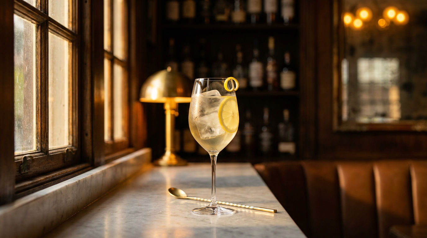 Cocktail au vin blanc et citron dans un verre à vin à pied, glaçons clairs, rondelle et zeste de citron, sur un comptoir de marbre