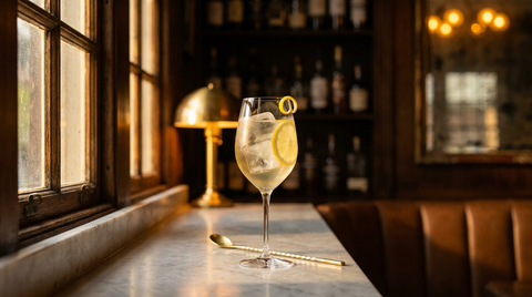 Cocktail au vin blanc et citron dans un verre à vin à pied, glaçons clairs, rondelle et zeste de citron, sur un comptoir de marbre