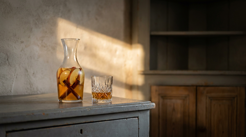 Carafe de cristal de rhum arrangé pomme-cannelle et verre à dégustation sur un vieux buffet patiné, dans l'office chaulé d'une maison de campagne