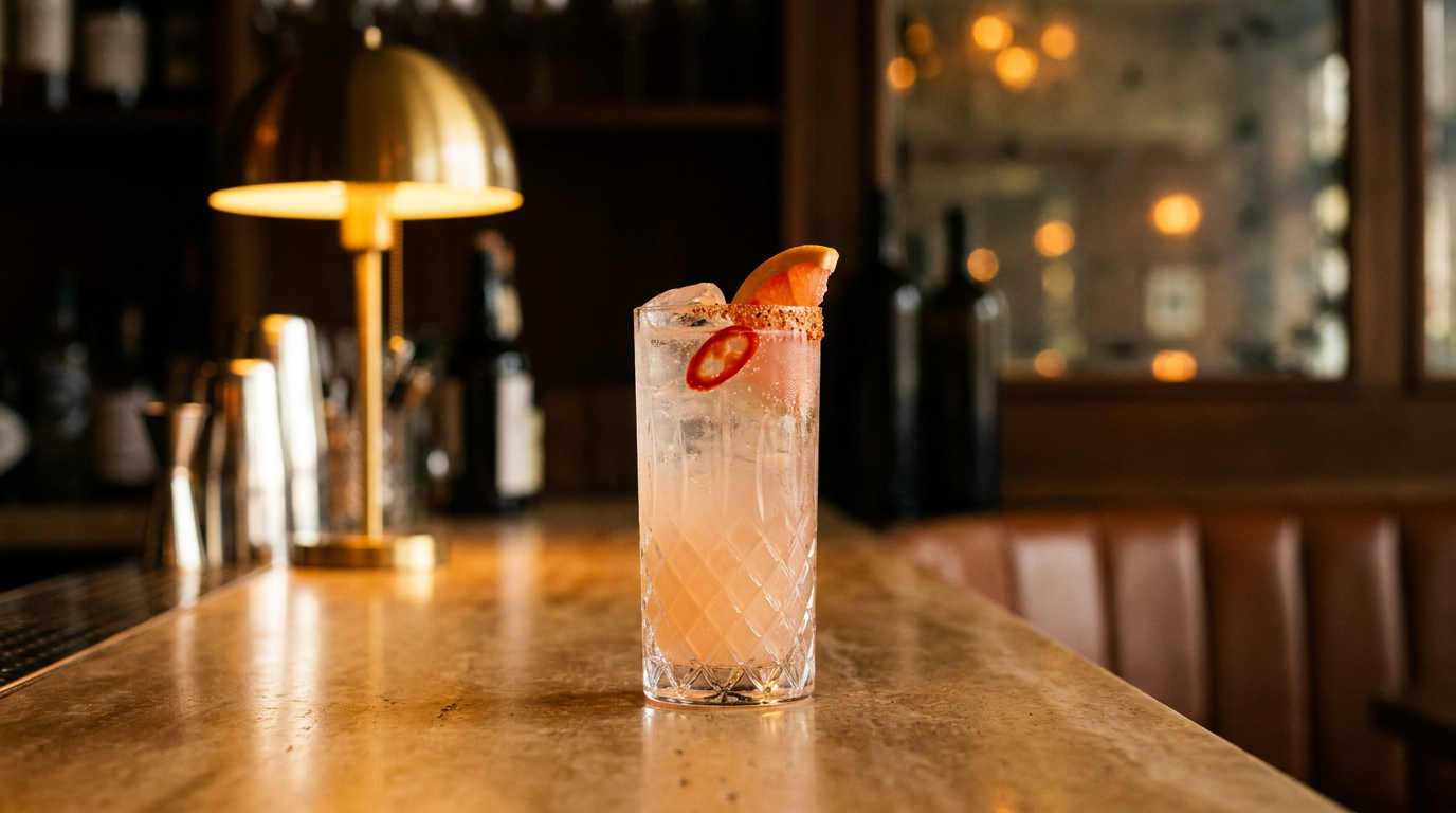 Paloma picante rose pâle et pétillante dans un grand verre, rondelle de piment et quartier de pamplemousse, comptoir de travertin