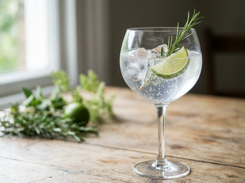 Gin Tonic, cocktail pétillant au gin servi en verre ballon sur glace avec citron vert et romarin
