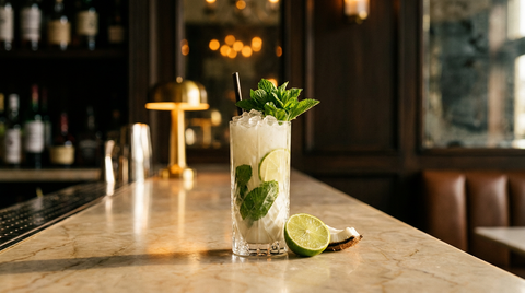 Mojito coco en verre haut, crème de coco et menthe fraîche, sur un comptoir de marbre beige