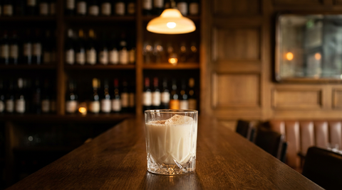 Sherry Milk Punch ivoire sur glaçons avec muscade râpée, au bout d'un long comptoir de chêne