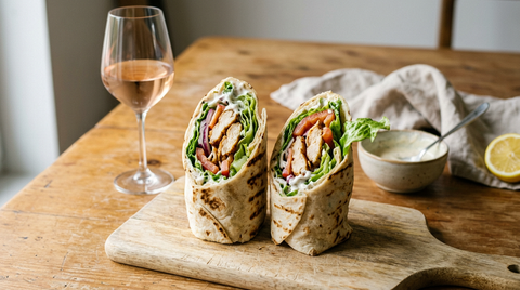 Deux wraps au poulet coupés en biais sur une planche en bois, garniture de poulet grillé, salade et sauce blanche visible