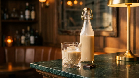 Verre de crème de whisky beige onctueuse sur un gros glaçon, bouteille à bouchon mécanique de la même crème derrière et carré de chocolat noir, sur un comptoir de marbre vert