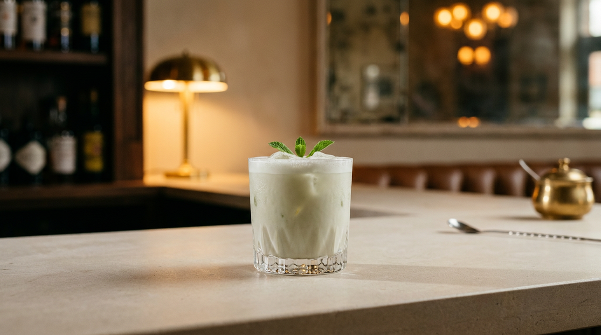 Absinthe suissesse blanc laiteux opaque et soyeux sur glace concassée, fine mousse et deux feuilles de menthe, comptoir de pierre de Lens