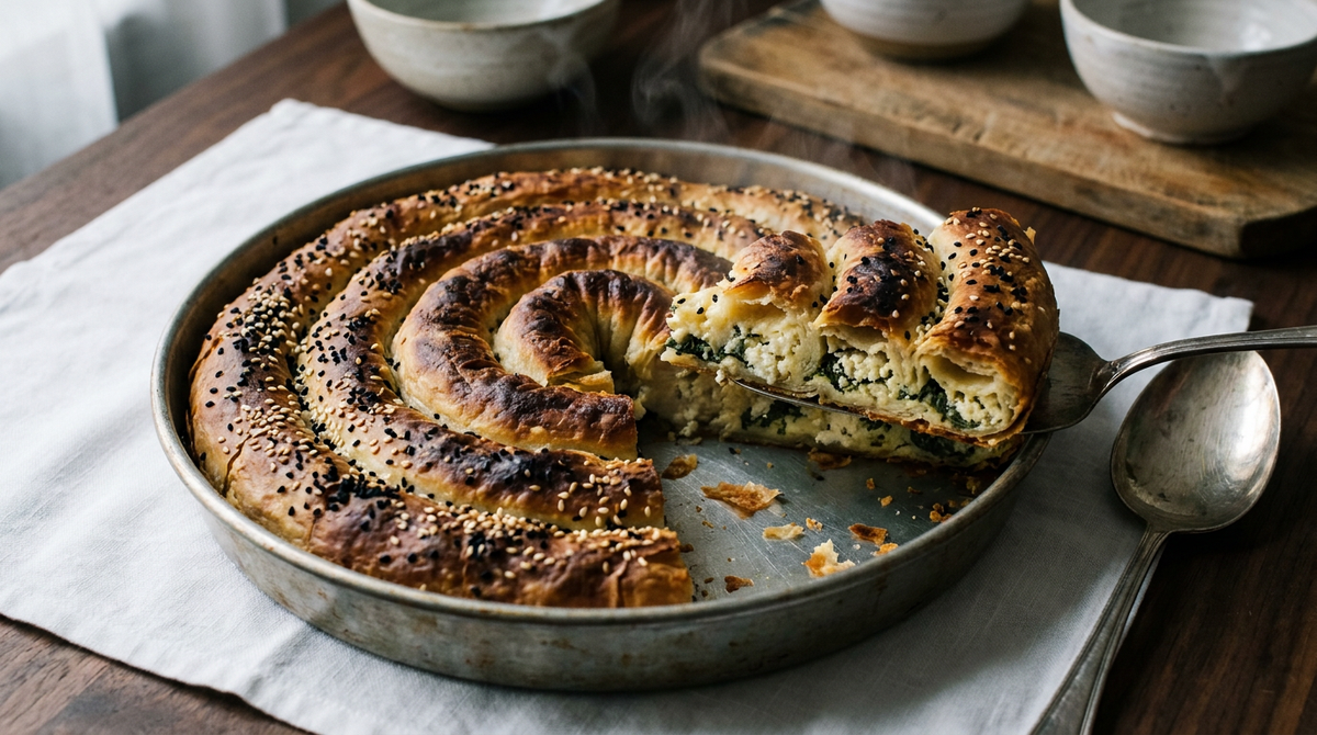 Börek turc en spirale doré dans son moule, dessus craquelé aux graines de sésame et nigelle, part coupée montrant les couches et la farce
