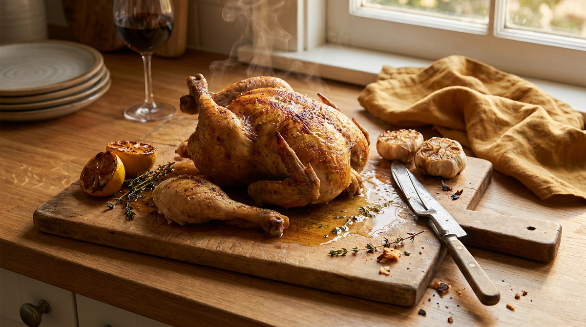 Poulet rôti entier à la peau dorée et craquante sur une planche à découper, une cuisse tranchée, thym et citron rôti