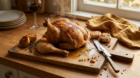Poulet rôti entier à la peau dorée et craquante sur une planche à découper, une cuisse tranchée, thym et citron rôti