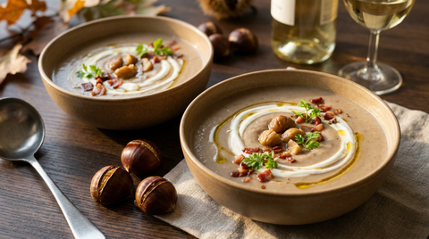 Velouté de châtaignes en bols de grès, crème en spirale, brisures de châtaignes et lardons croustillants, châtaignes entieres à côté
