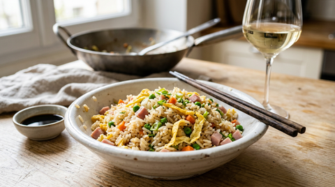 Riz cantonais sauté aux dés de jambon, petits pois, carotte et omelette, servi dans un bol blanc avec des baguettes