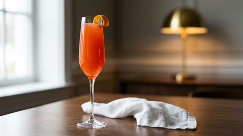 Flûte de Grand Mimosa, robe orange soutenue et zeste d'orange, sur une table de noyer