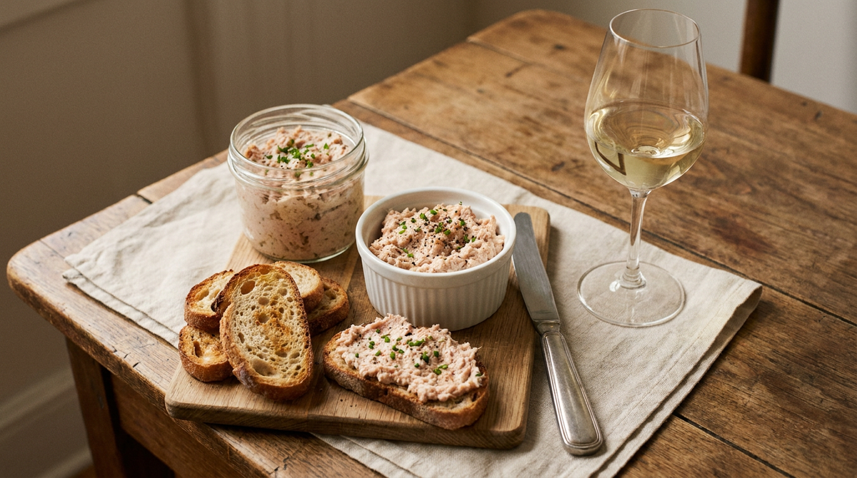Rillettes de thon maison en bocal et en ramequin, tartinées sur du pain grillé, planche de bois, verre de vin blanc
