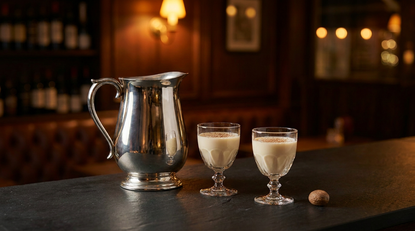 Pichet en argent de bourbon milk punch et deux petits verres à pied crémeux saupoudrés de muscade, sur un comptoir d'ardoise noire