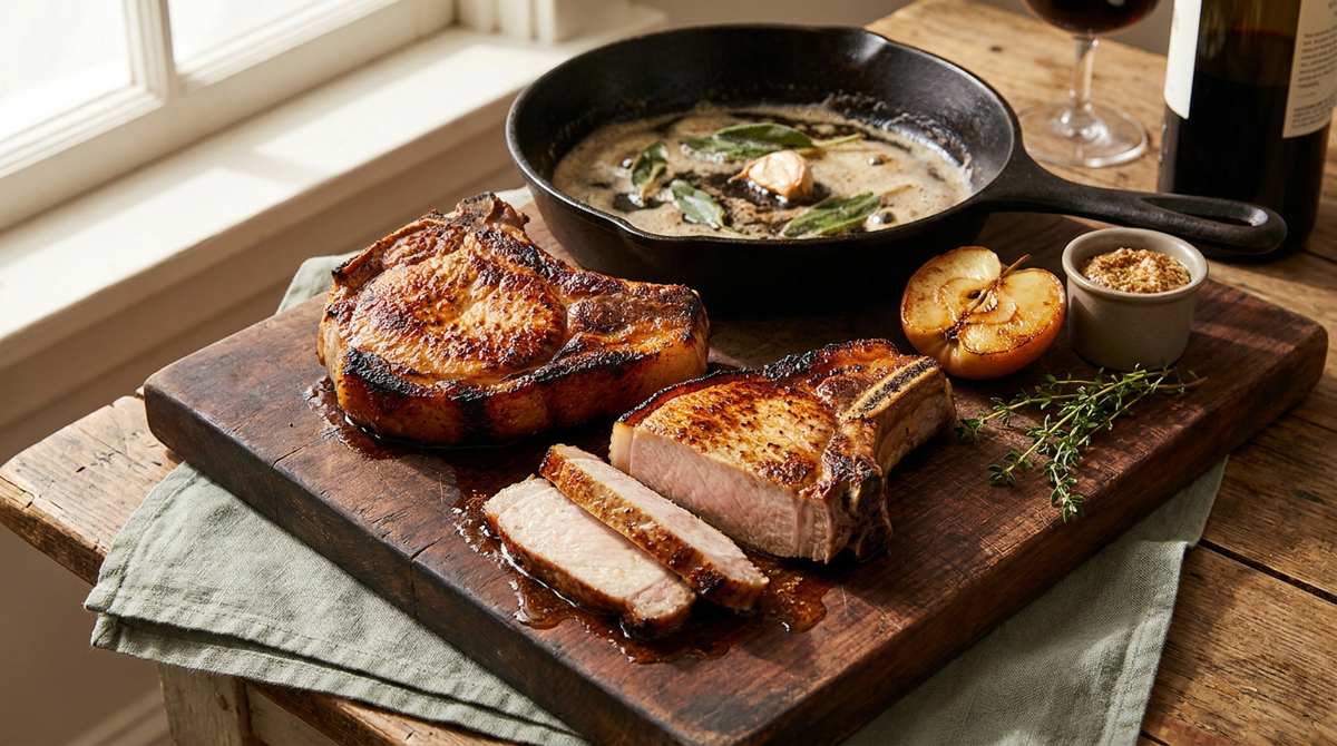 Côtes de porc à la croûte dorée sur une planche, une tranchée montrant une chair juteuse à peine rosée, sauge et pomme rôtie