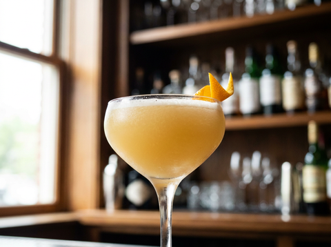 Cocktail Jasmine, sour rose au gin et Campari servi en verre à cocktail avec un zeste de citron